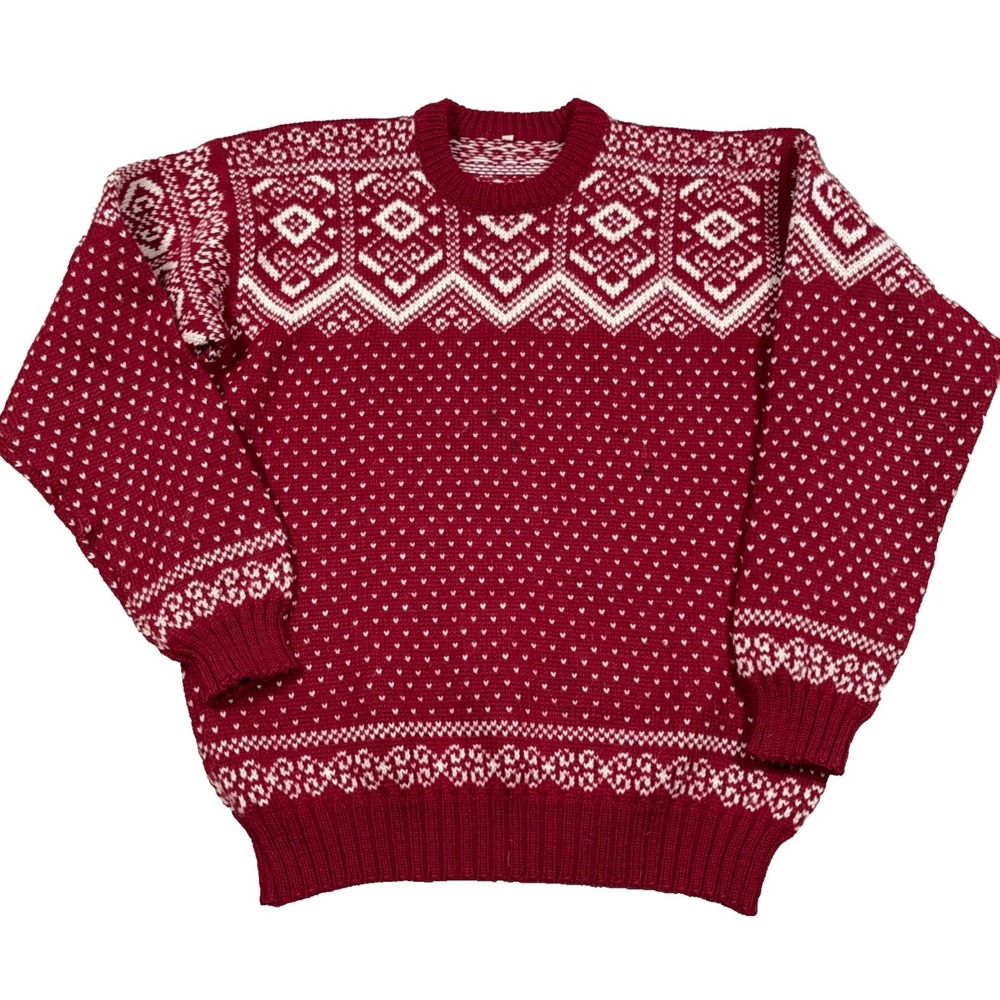 Vintage Grandpa Sweater Men Large Red‎ Heavy Wool Knit Nordic Birdseye Rib *READ